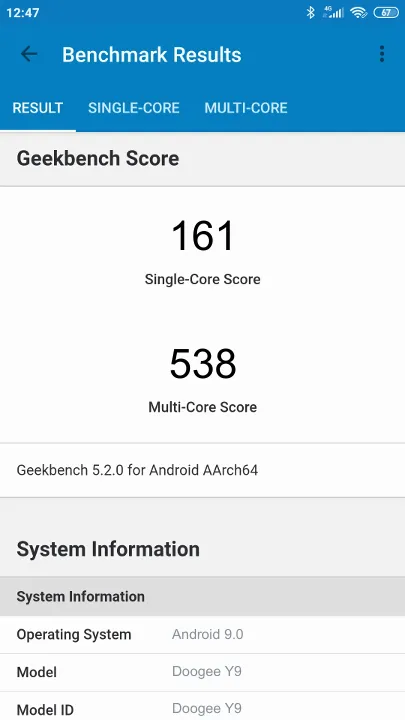 Doogee Y9 Geekbench Benchmark результаты теста (score / баллы)