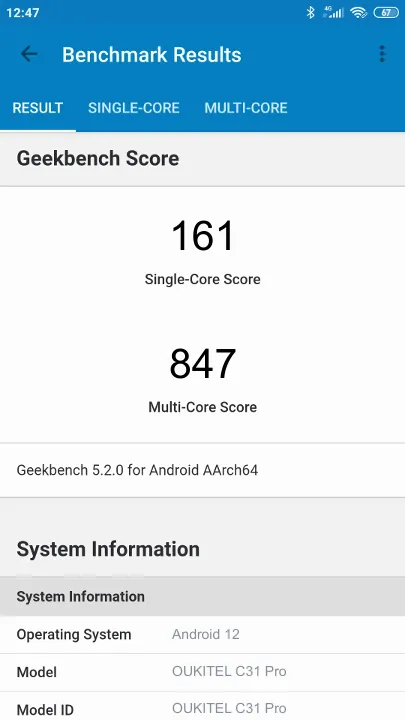 OUKITEL C31 Pro Geekbench Benchmark результаты теста (score / баллы)