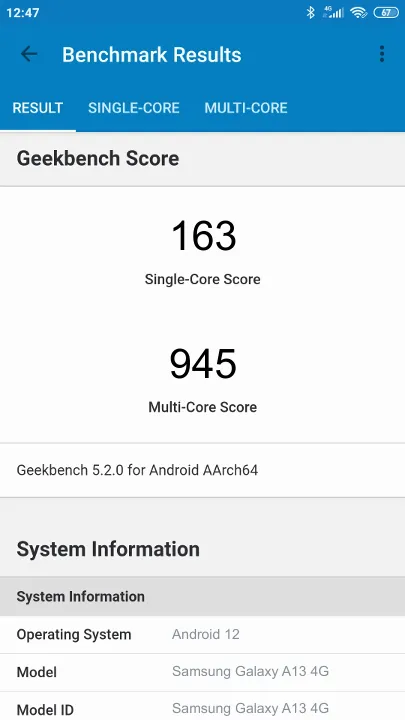 Samsung Galaxy A13 4G Geekbench Benchmark результаты теста (score / баллы)