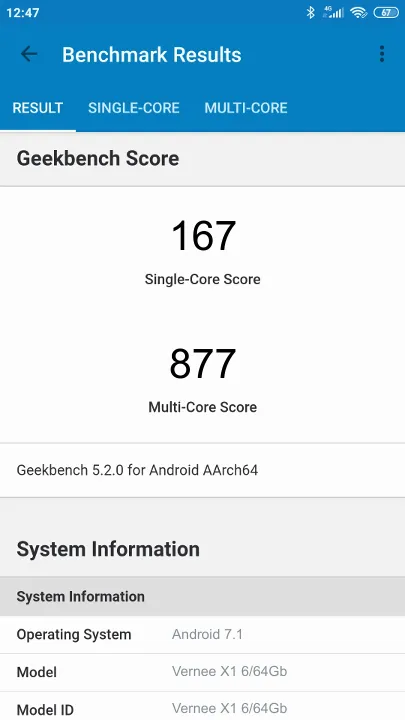 Vernee X1 6/64Gb Geekbench Benchmark результаты теста (score / баллы)