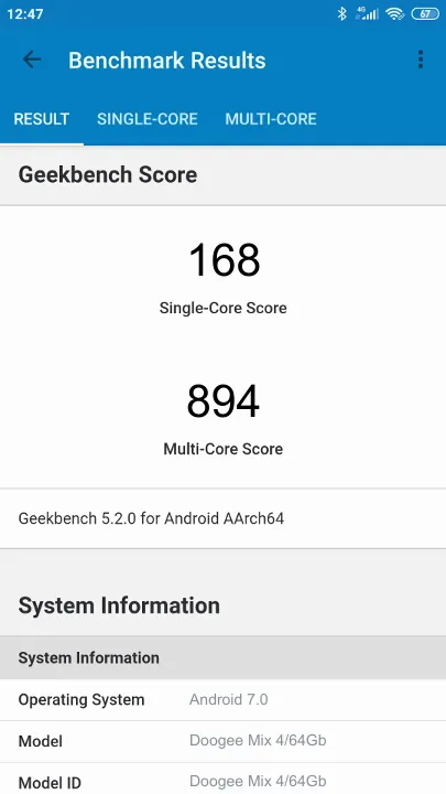 Doogee Mix 4/64Gb Geekbench Benchmark результаты теста (score / баллы)