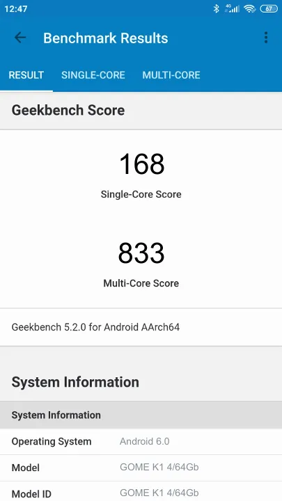 GOME K1 4/64Gb Geekbench Benchmark результаты теста (score / баллы)