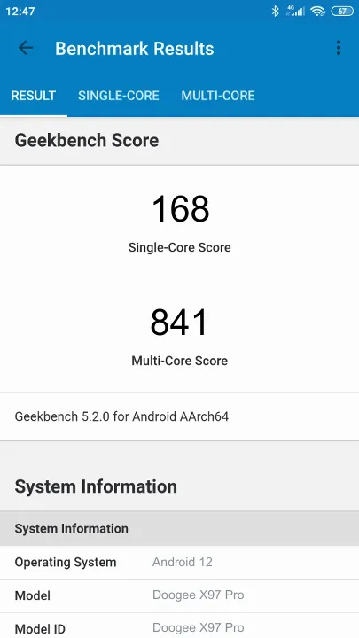 Doogee X97 Pro Geekbench Benchmark результаты теста (score / баллы)