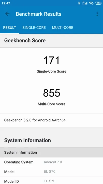 EL S70 Geekbench Benchmark результаты теста (score / баллы)