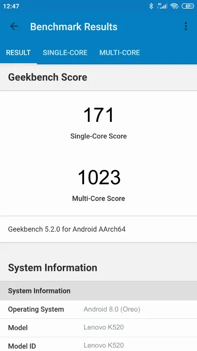 Lenovo K520 Geekbench Benchmark результаты теста (score / баллы)