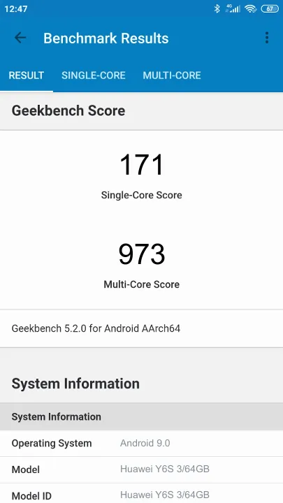 Huawei Y6S 3/64GB Geekbench Benchmark результаты теста (score / баллы)