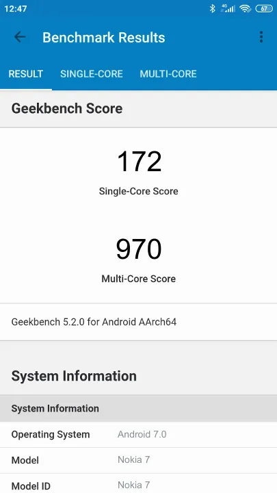 Nokia 7 Geekbench Benchmark результаты теста (score / баллы)