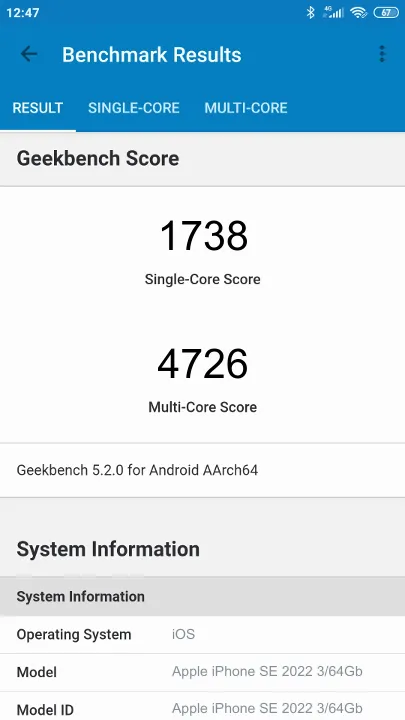 Apple iPhone SE 2022 3/64Gb Geekbench Benchmark результаты теста (score / баллы)