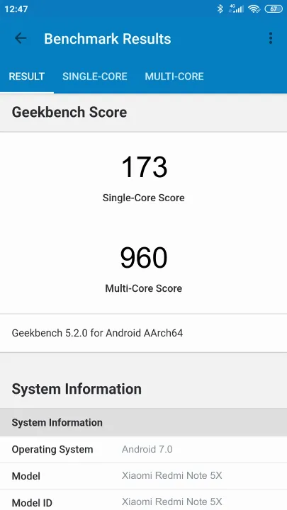 Xiaomi Redmi Note 5X Geekbench Benchmark результаты теста (score / баллы)