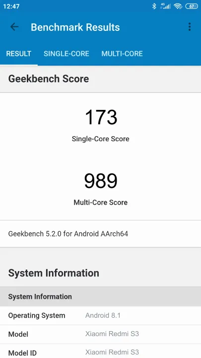 Xiaomi Redmi S3 Geekbench Benchmark результаты теста (score / баллы)
