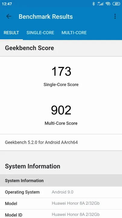 Huawei Honor 8A 2/32Gb Geekbench Benchmark результаты теста (score / баллы)