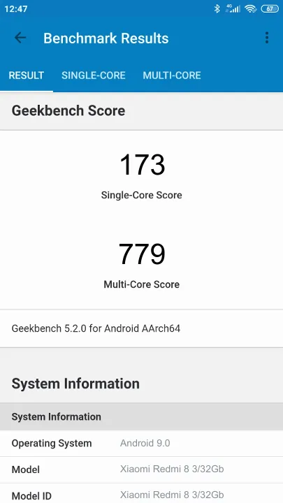 Xiaomi Redmi 8 3/32Gb Geekbench Benchmark результаты теста (score / баллы)