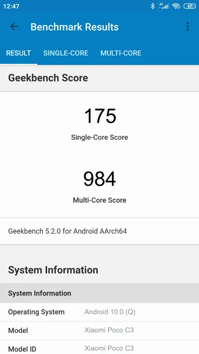 Xiaomi Poco C3 Geekbench Benchmark результаты теста (score / баллы)