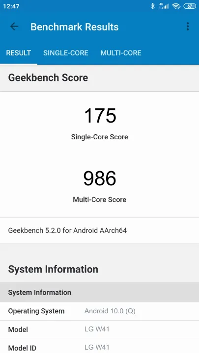 LG W41 Geekbench Benchmark результаты теста (score / баллы)