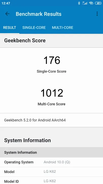 LG K62 Geekbench Benchmark результаты теста (score / баллы)