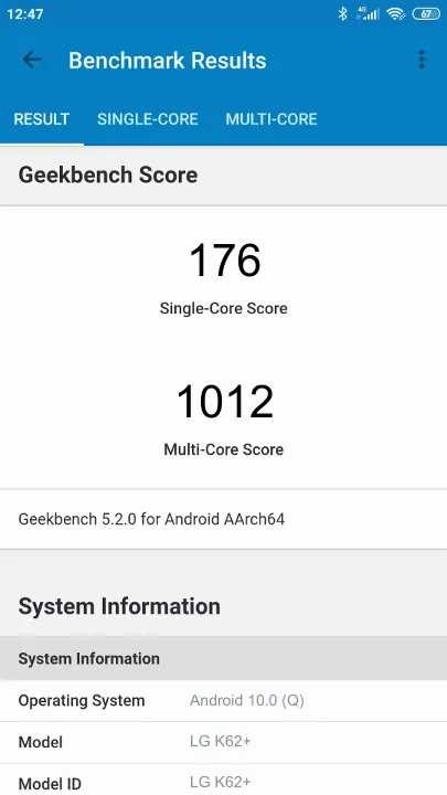 LG K62+ Geekbench Benchmark результаты теста (score / баллы)
