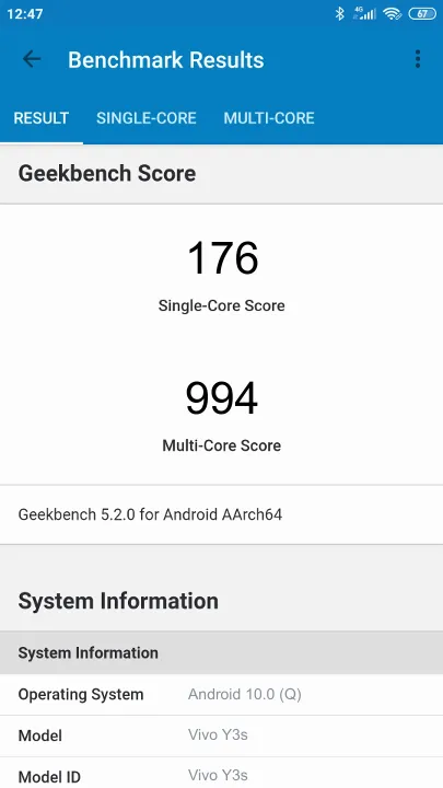 Vivo Y3s Geekbench Benchmark результаты теста (score / баллы)