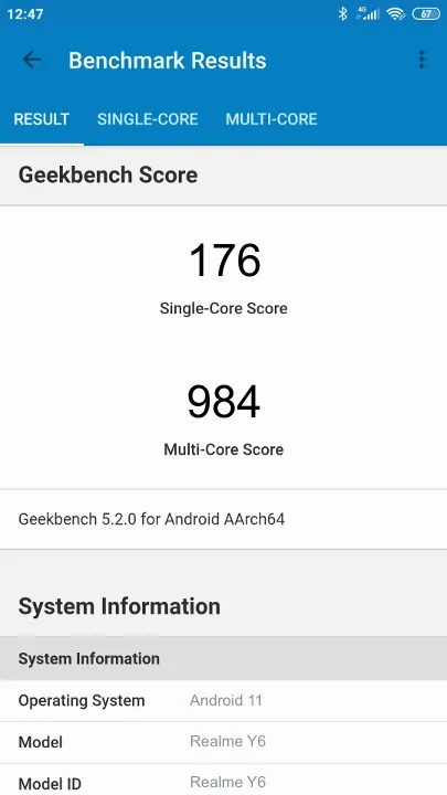 Realme Y6 Geekbench Benchmark результаты теста (score / баллы)
