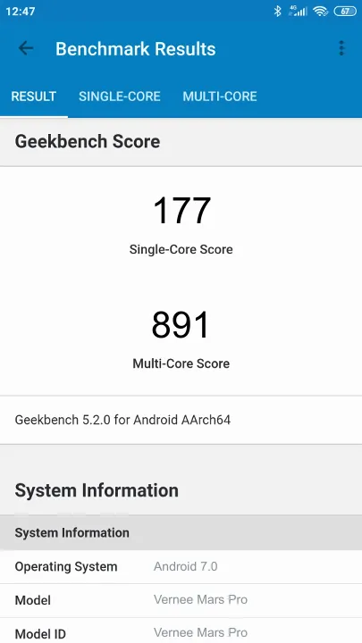 Vernee Mars Pro Geekbench Benchmark результаты теста (score / баллы)