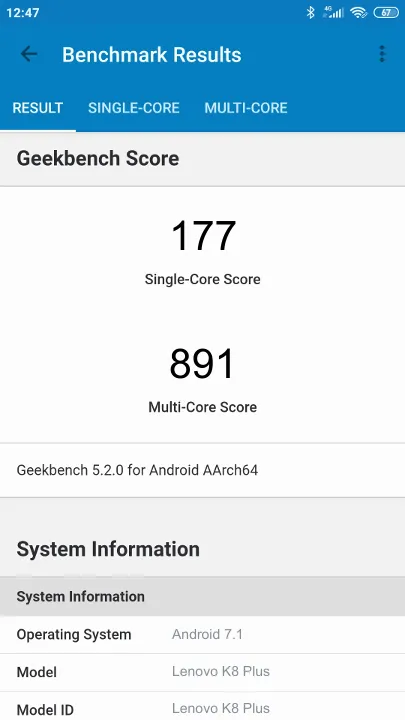 Lenovo K8 Plus Geekbench Benchmark результаты теста (score / баллы)