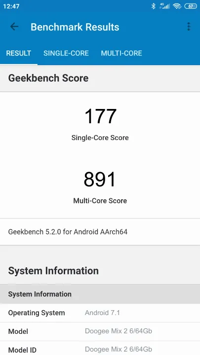 Doogee Mix 2 6/64Gb Geekbench Benchmark результаты теста (score / баллы)
