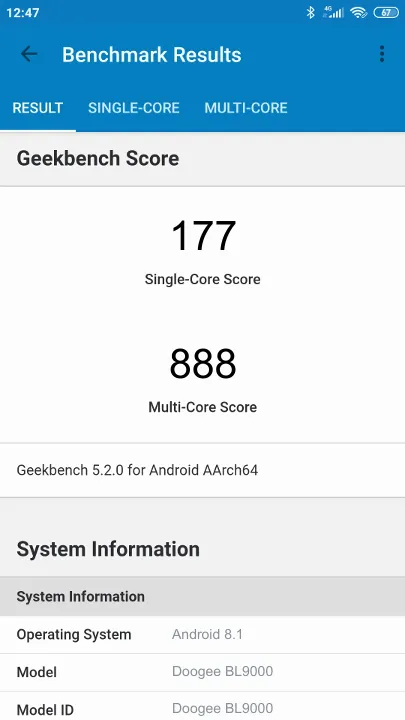 Doogee BL9000 Geekbench Benchmark результаты теста (score / баллы)