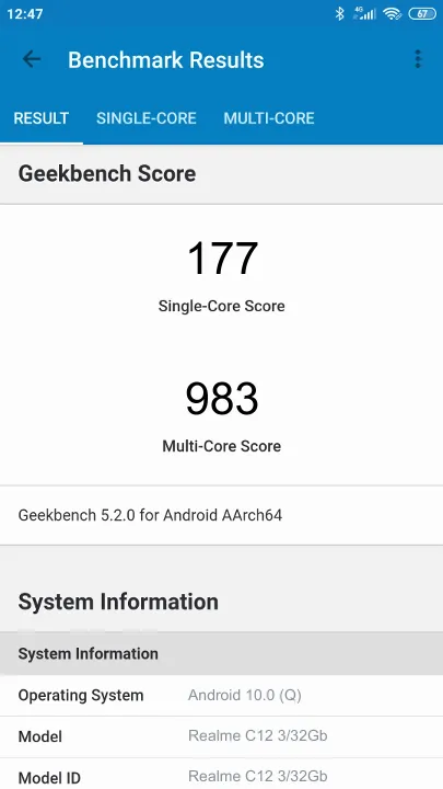 Realme C12 3/32Gb Geekbench Benchmark результаты теста (score / баллы)