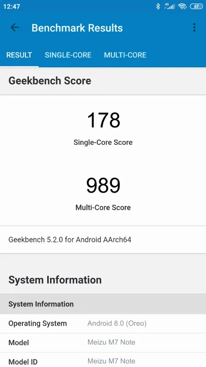 Meizu M7 Note Geekbench Benchmark результаты теста (score / баллы)