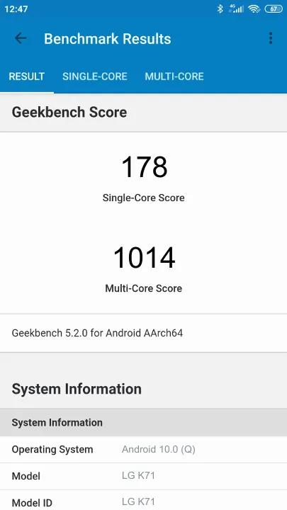 LG K71 Geekbench Benchmark результаты теста (score / баллы)