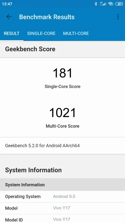 Vivo Y17 Geekbench Benchmark результаты теста (score / баллы)