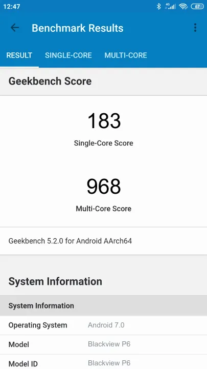 Blackview P6 Geekbench Benchmark результаты теста (score / баллы)