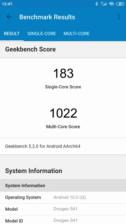 Doogee S41 Geekbench Benchmark результаты теста (score / баллы)