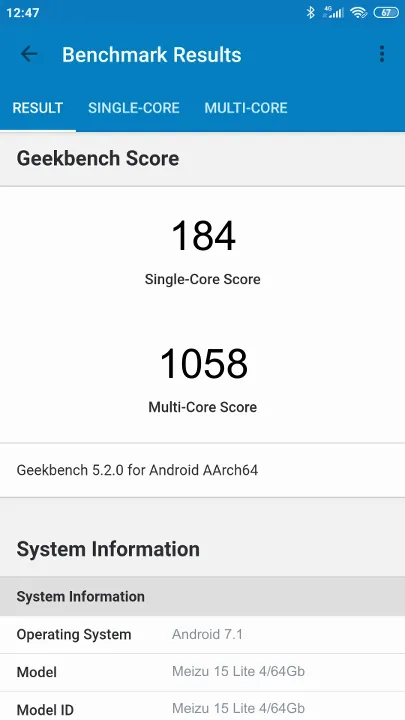 Meizu 15 Lite 4/64Gb Geekbench Benchmark результаты теста (score / баллы)