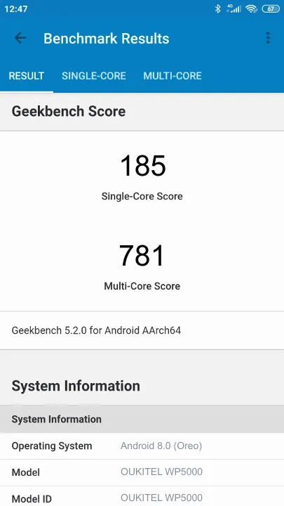 OUKITEL WP5000 Geekbench Benchmark результаты теста (score / баллы)