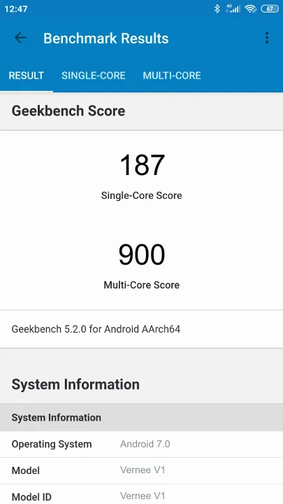 Vernee V1 Geekbench Benchmark результаты теста (score / баллы)
