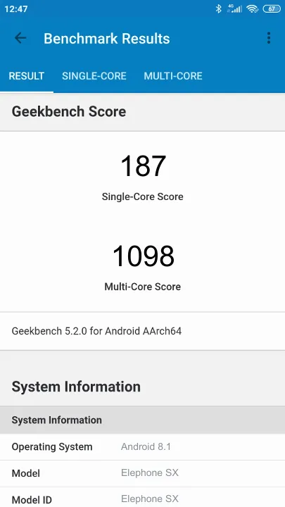Elephone SX Geekbench Benchmark результаты теста (score / баллы)