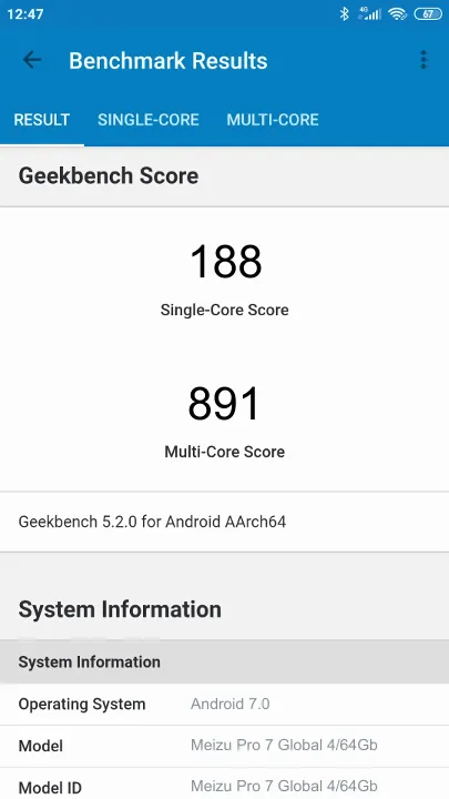 Meizu Pro 7 Global 4/64Gb Geekbench Benchmark результаты теста (score / баллы)