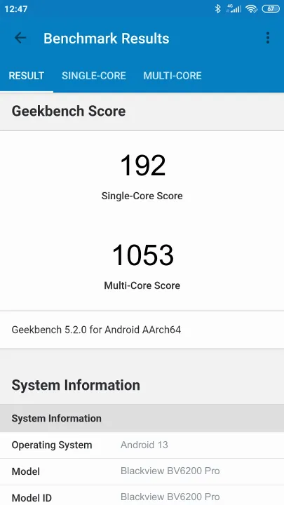 Blackview BV6200 Pro Geekbench Benchmark результаты теста (score / баллы)