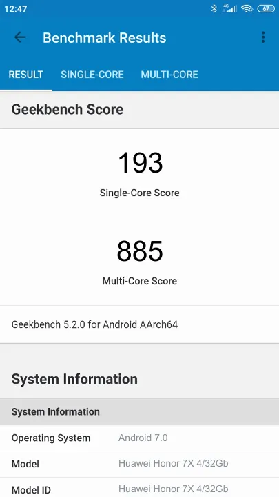 Huawei Honor 7X 4/32Gb Geekbench Benchmark результаты теста (score / баллы)