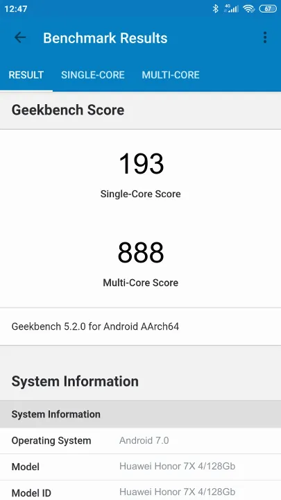 Huawei Honor 7X 4/128Gb Geekbench Benchmark результаты теста (score / баллы)