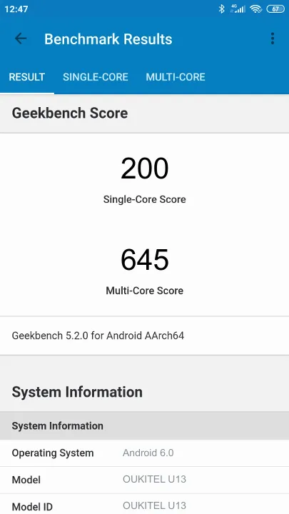 OUKITEL U13 Geekbench Benchmark результаты теста (score / баллы)