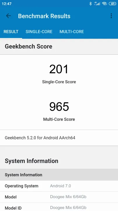 Doogee Mix 6/64Gb Geekbench Benchmark результаты теста (score / баллы)