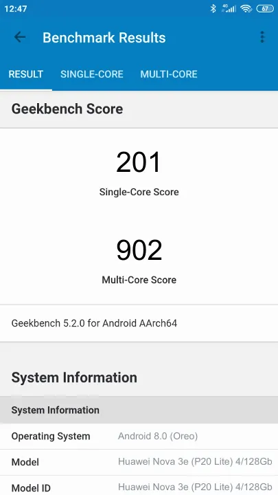 Huawei Nova 3e (P20 Lite) 4/128Gb Geekbench Benchmark результаты теста (score / баллы)