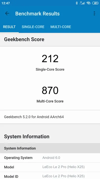 LeEco Le 2 Pro (Helio X25) Geekbench Benchmark результаты теста (score / баллы)