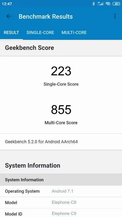 Elephone C9 Geekbench Benchmark результаты теста (score / баллы)