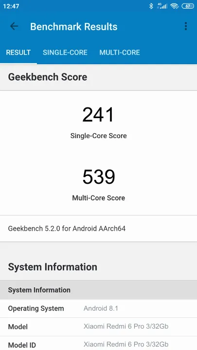 Xiaomi Redmi 6 Pro 3/32Gb Geekbench Benchmark результаты теста (score / баллы)