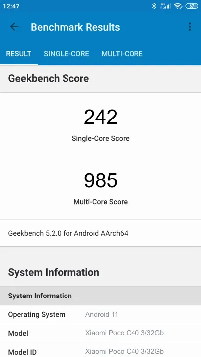Xiaomi Poco C40 3/32Gb Geekbench Benchmark результаты теста (score / баллы)