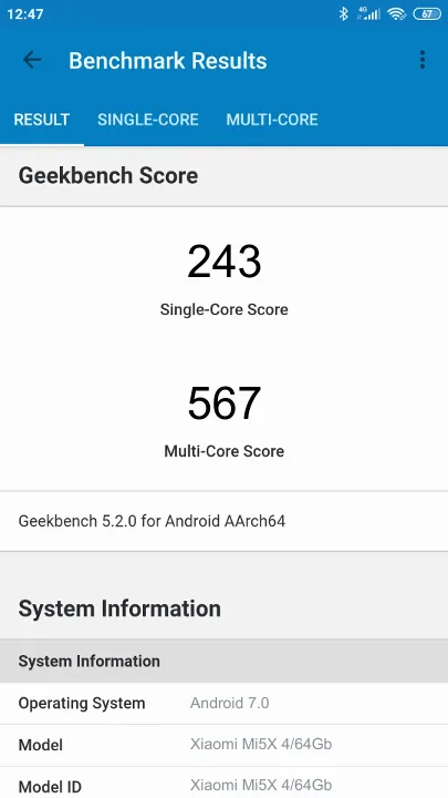 Xiaomi Mi5X 4/64Gb Geekbench Benchmark результаты теста (score / баллы)