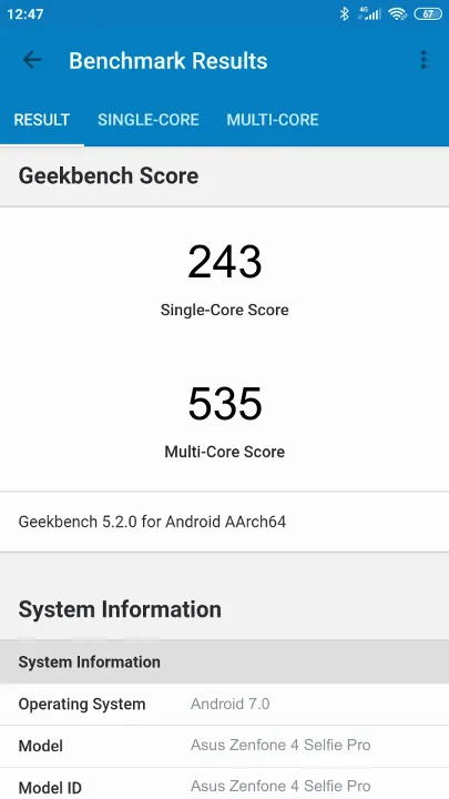 Asus Zenfone 4 Selfie Pro Geekbench Benchmark результаты теста (score / баллы)