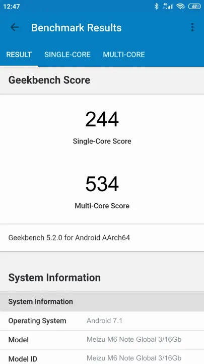 Meizu M6 Note Global 3/16Gb Geekbench Benchmark результаты теста (score / баллы)